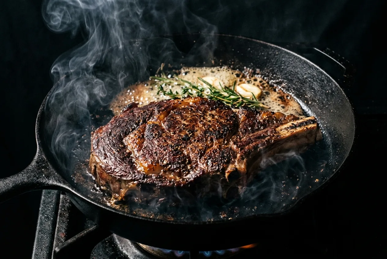 Ribeye steak searing in a cast-iron pan